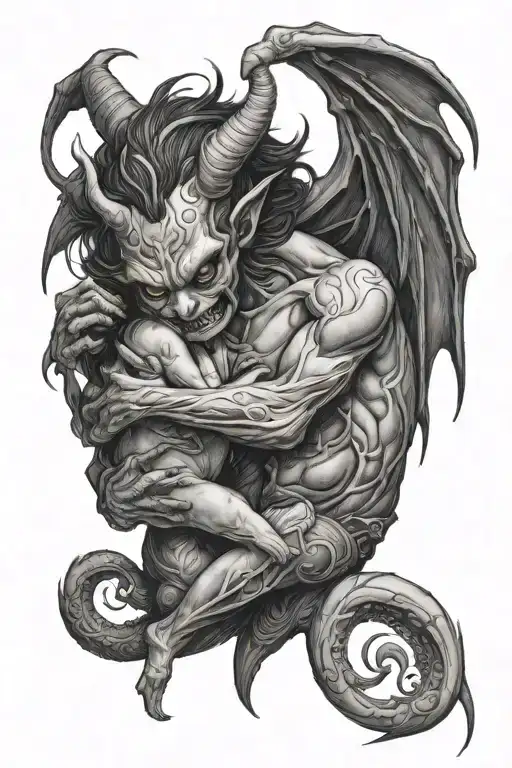 a beautiful demon hugging or watching over a child  tattoo design idea