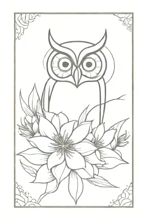 owl face with no geometric surrounded by cosmo flower and gladiolus flower tattoo design idea