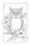 owl face with no geometric surrounded by cosmo flower and gladiolus flower tattoo design idea