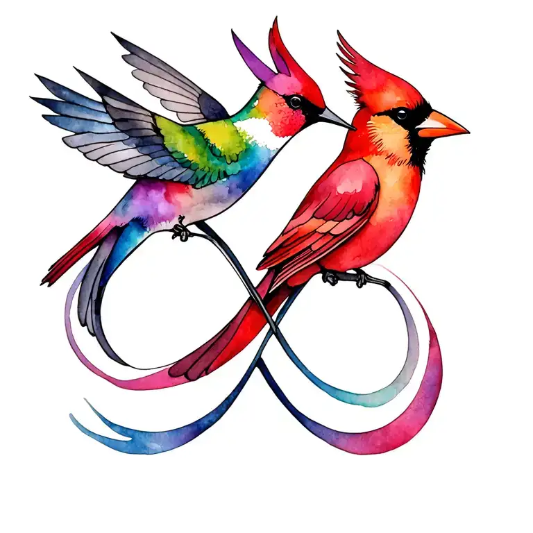 infinity symbol intertwined hummingbird and cardinal tattoo design idea