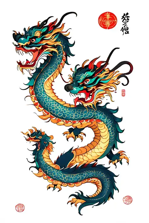 Chinese dragon with foo dog and Chinese deities. tattoo design idea