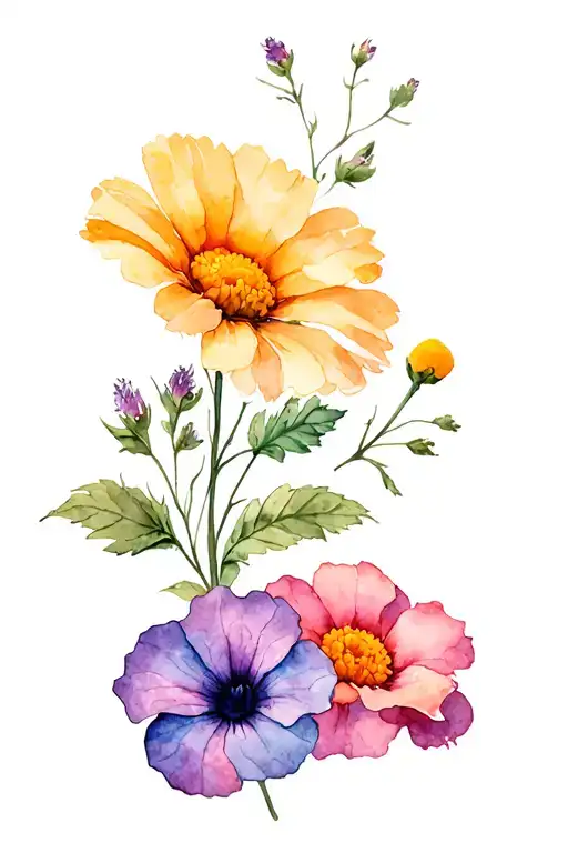honeysuckle, calendula, morning glory, aster flower tattoo design idea