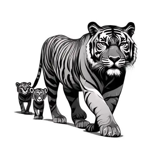 Tiger And 3 Cubs walking towards you tattoo design idea