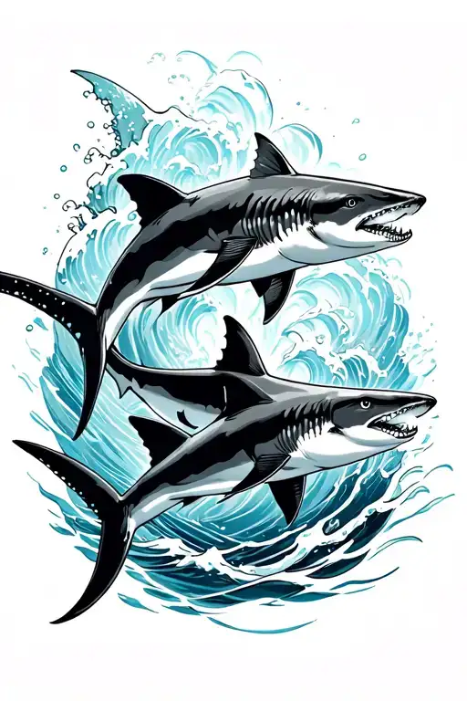 three sharkes swimming with the ocean waves surronding them tattoo design idea