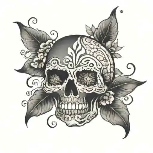 Black Dia de los muertos skull with designs in between tattoo design idea