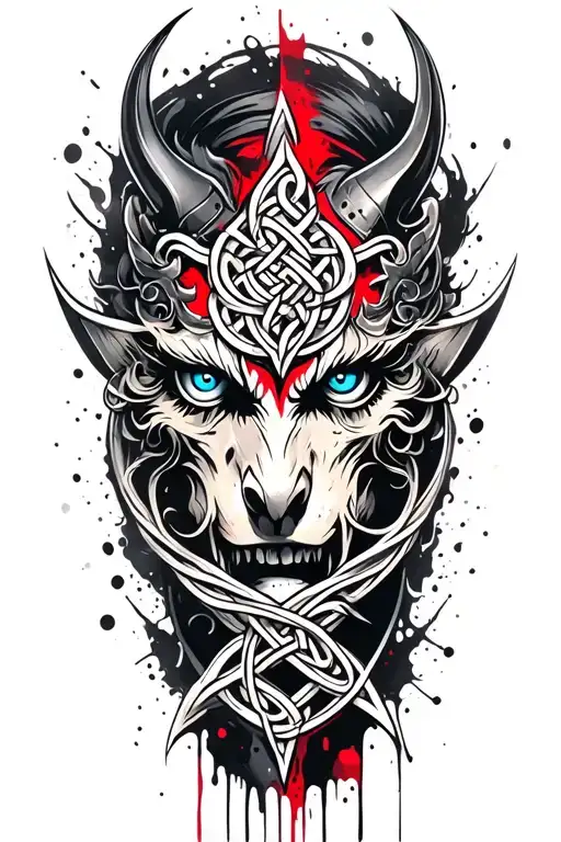 demon with blue eyes on armor tattoo design featuring Celtic trinity knot  tattoo design idea