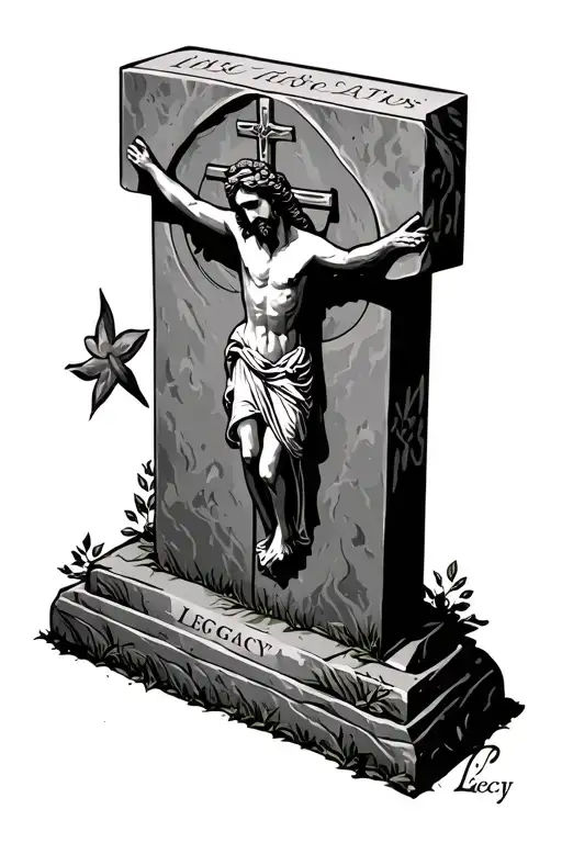 jesus on a cross headstone, and the word legacy tattoo design idea