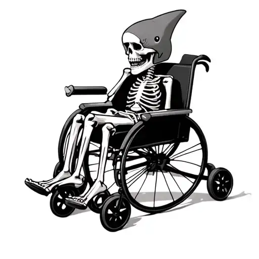 skeleton in wheel chair with shark fin helmet on tattoo design idea
