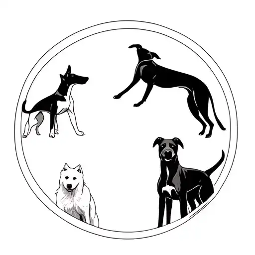 Black greyhound, two whippets and one Samoyed dog in a circle delicate, sentimental, elegant tattoo design idea