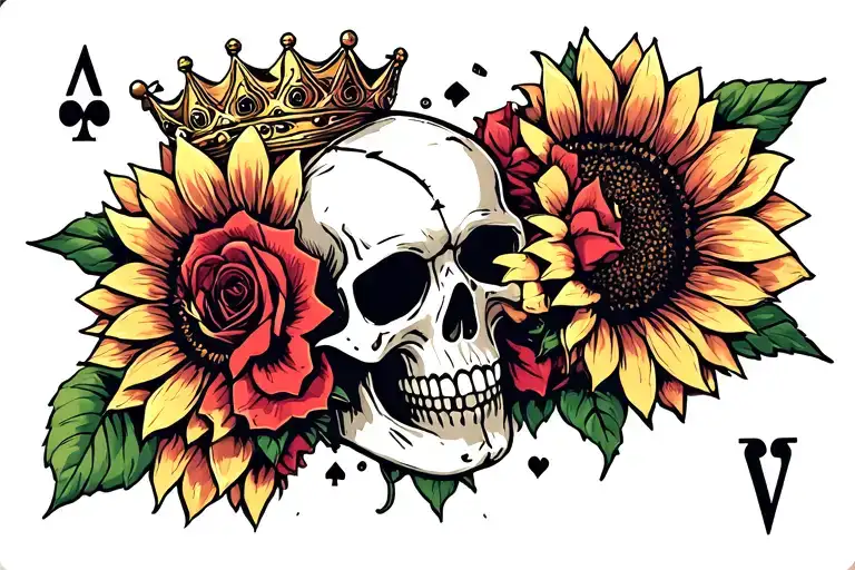 Dice skull roses sunflower ace card broken key crown all flowing down while arm tattoo design idea
