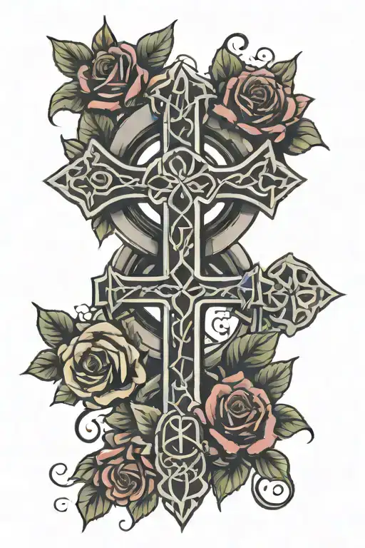 Celtic cross and roses tattoo design idea