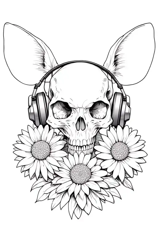 chrysanthemum daisy rat skull wearing headphones tattoo design idea