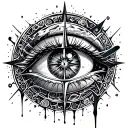 melting eye surrounded by patterns with compass tattoo design idea