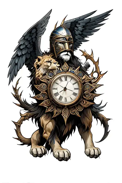 maori, gemini sign, greek clock, celestial warrior angel, helmet, warrior, lion, thorn, gear, gothic, full arm, seriousn tattoo design idea