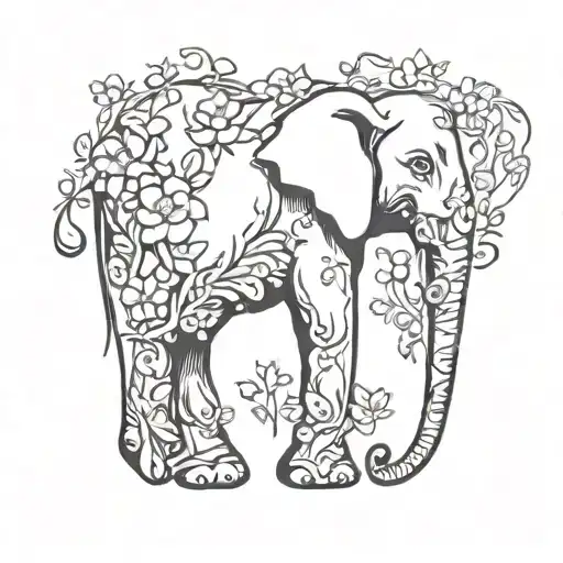 simple elegant elephant wrapped in vine of flowrs arm sleeve tattoo design idea
