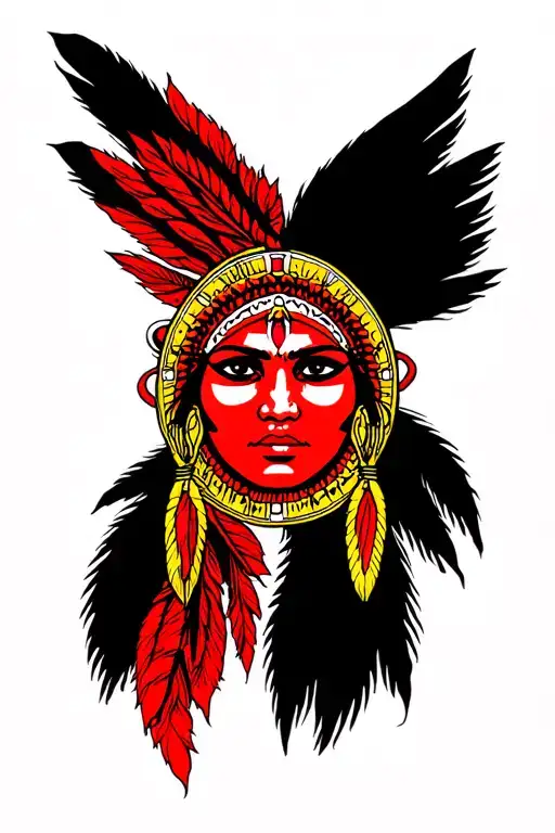 Red Indian face of women and sun tattoo design idea
