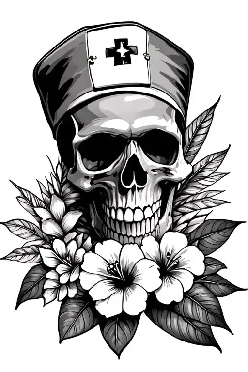 hawaiian floral and a skull with a nurse cap on tattoo design idea