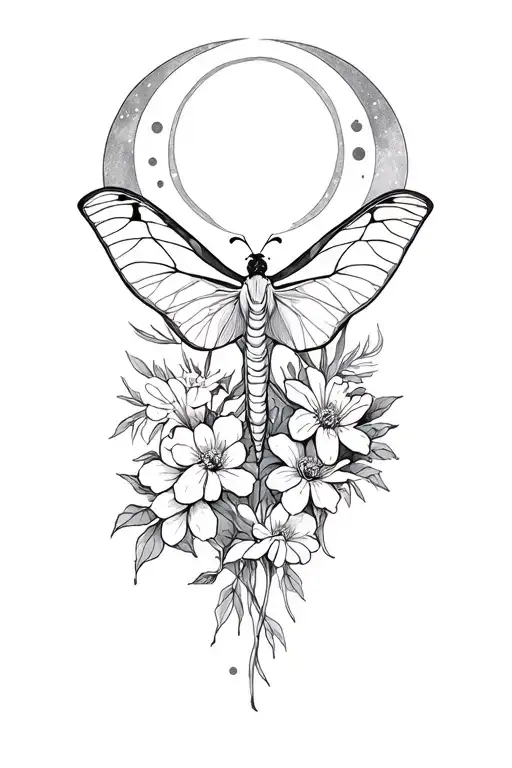 luna moth and flowers and moon phases tattoo design idea