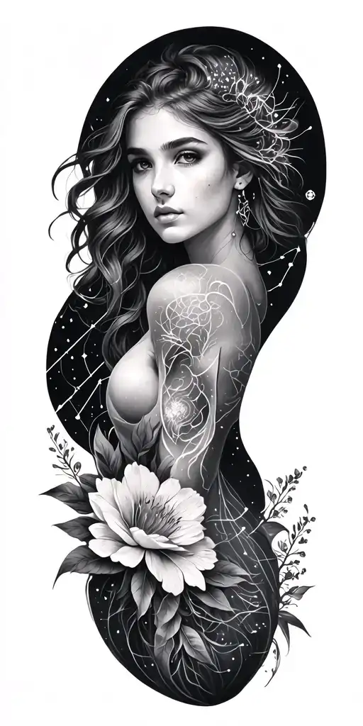 virgo, scorpio, capricorn, leo, aquarius,aries, constellations and flowers sleeve tattoo design idea