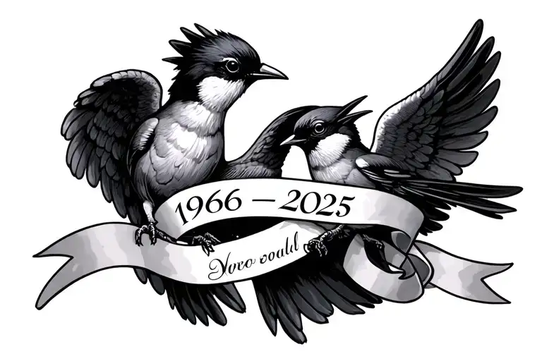 "1966-2025" swallow birds, angel holding a dated ribbon tattoo design idea