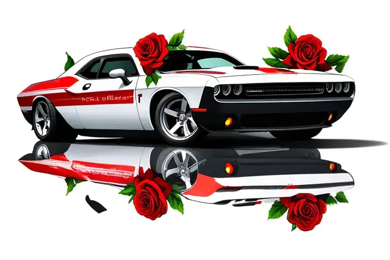 roses and a white with red rallye stripes 2013 dodge challenger muscle car tattoo design idea