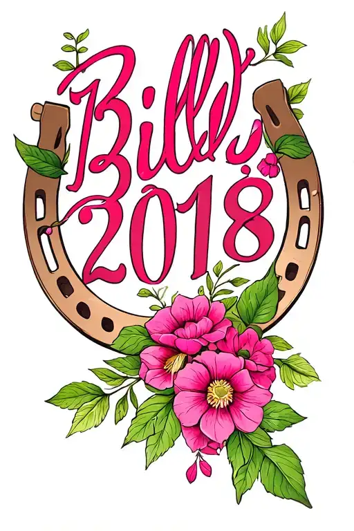 "Billy 2018" double horse shoe, fucshia flowers,  tattoo design idea