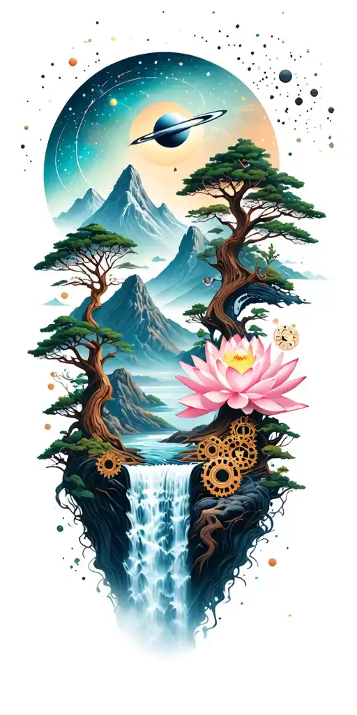 collage of space constellation, Buddhist mountain, trees, waterfall, lotus, wood mechanical gears tattoo design idea