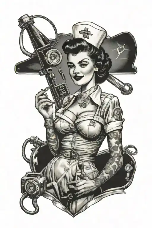 nurse pinup with heart monitor reading tattoo design idea