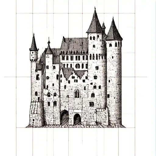 Top down view of an exact replica of a half city carcassone tile, done in blackwork stippling tattoo style tattoo design idea