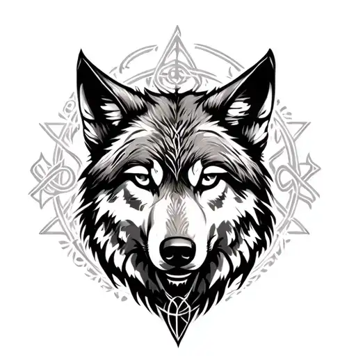 Wolf tattoo design that inspires respect and wisdom, accompanied by symbols such as triskelion, witches knot tattoo design idea