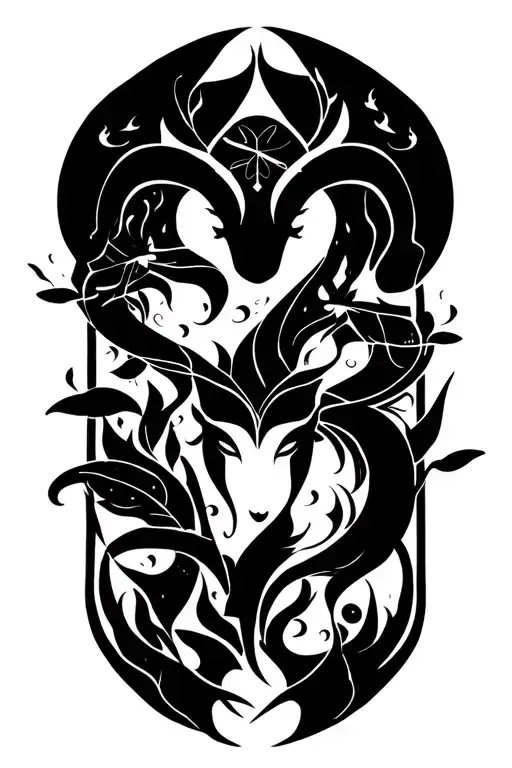 Gemini and Aries with fireflies, fire and air elements, kind of ethereal, with Khmer and Chinese elements. tattoo design idea