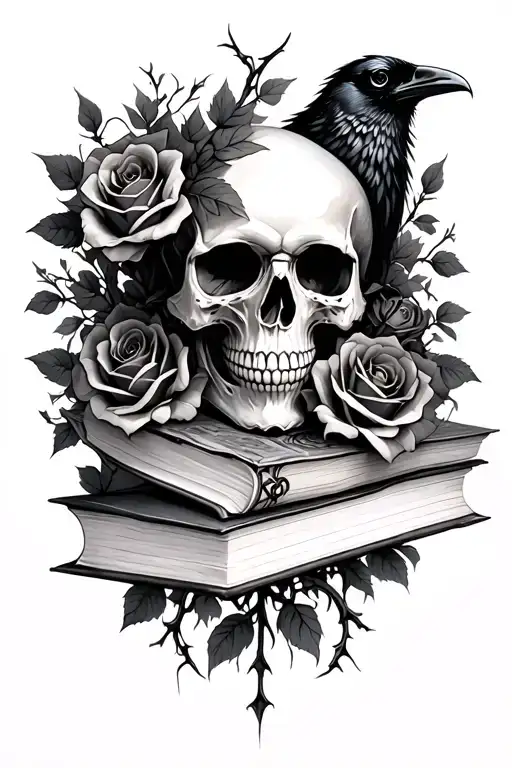 skull,raven, books, gothic, thorn vines, roses  tattoo design idea