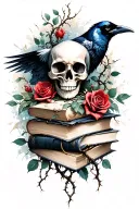 skull,raven, books, gothic, thorn vines, roses  tattoo design idea