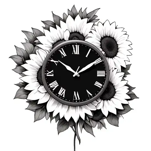 three different clock first one with time 7:56a.m. second one with 12:59p.m, 4:22a.m. wrapped in sunflowers  tattoo design idea