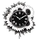 three different clock first one with time 7:56a.m. second one with 12:59p.m, 4:22a.m. wrapped in sunflowers  tattoo design idea