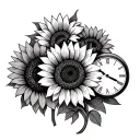 three different clock first one with time 7:56a.m. second one with 12:59p.m, 4:22a.m. wrapped in sunflowers  tattoo design idea