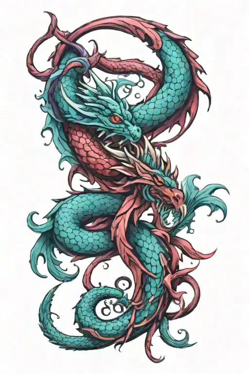 teal and purple suicide awareness ribbon intertwined with red dragon tattoo design idea