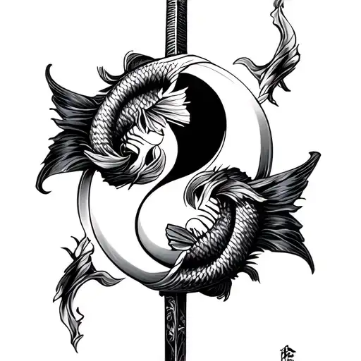 fish ying yang sword on back- long for spinal tattoo tattoo design idea