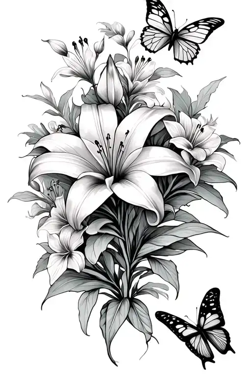 "Denim" lillies and butterflies tattoo design idea