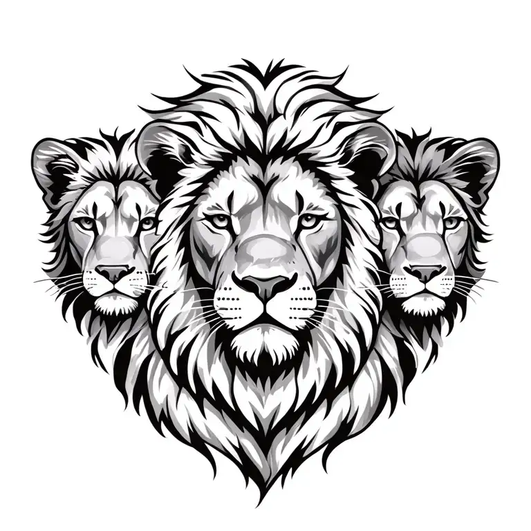 male lion head with 2 female lion heads and one female cub head crest tattoo design idea