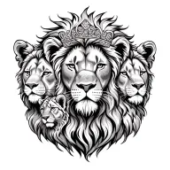 male lion head with 2 female lion heads and one female cub head crest tattoo design idea