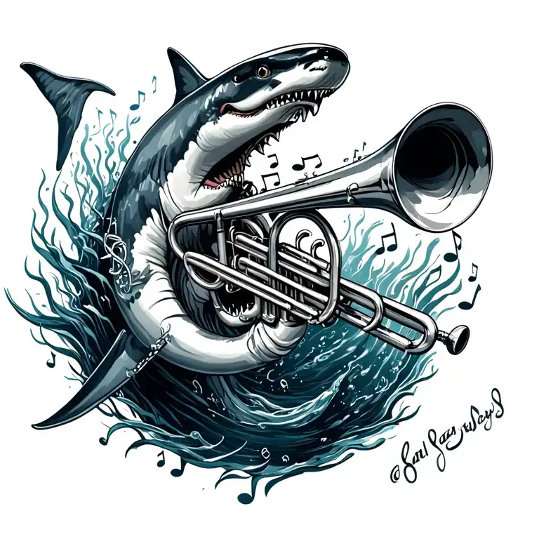Trumpet, notes are coming out of it but be creative as the notes should lead to scuba diving and sharks tattoo design idea