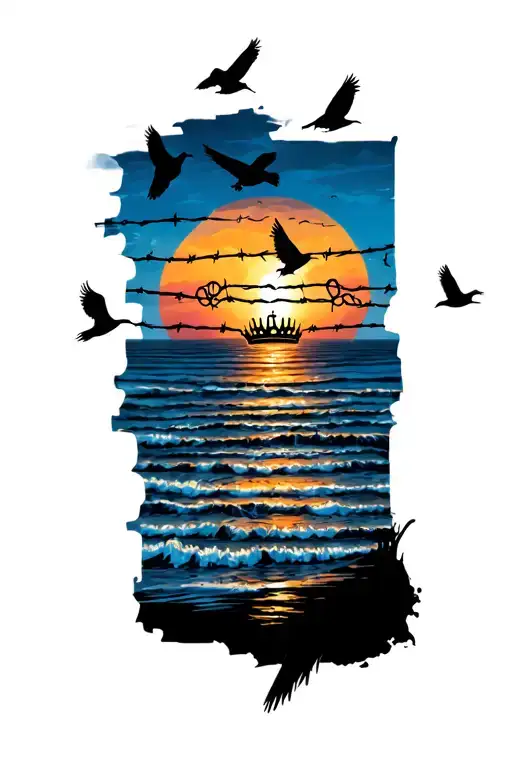 tattoo sleeve, segments of a barbed wire wrapping, sunset on beach with 6 birds, quote, skeleton with crown tattoo design idea