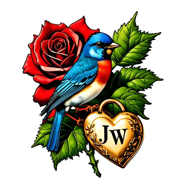 red rose, blue bird sitting on leaf of the rose stem, gold heart charm with initial JW hanging from a thorn on the stem tattoo design idea