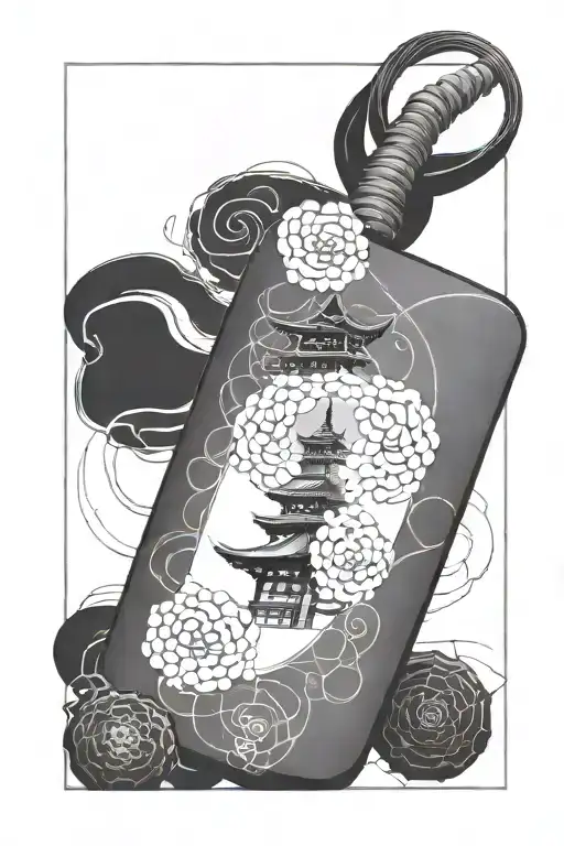 the tip of a japanese pagoda exiting perspective from one single rectangual japanese blank omamori charm tattoo design idea