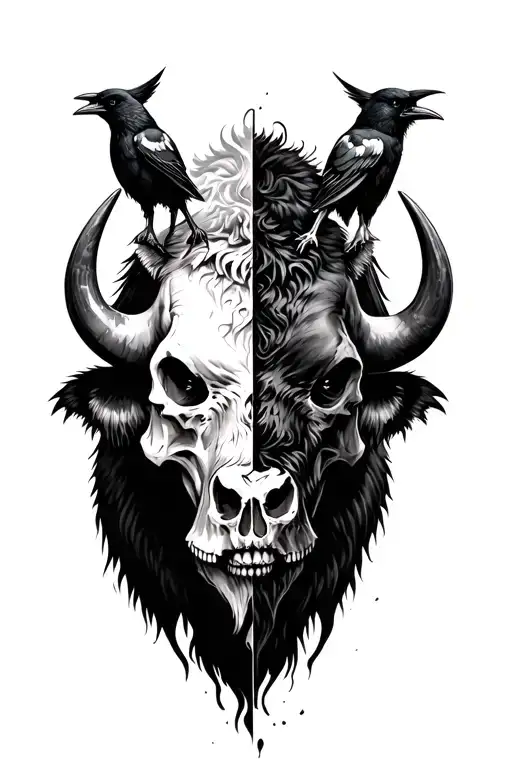 bison half alive half skull with 2 crows on his horns tattoo design idea