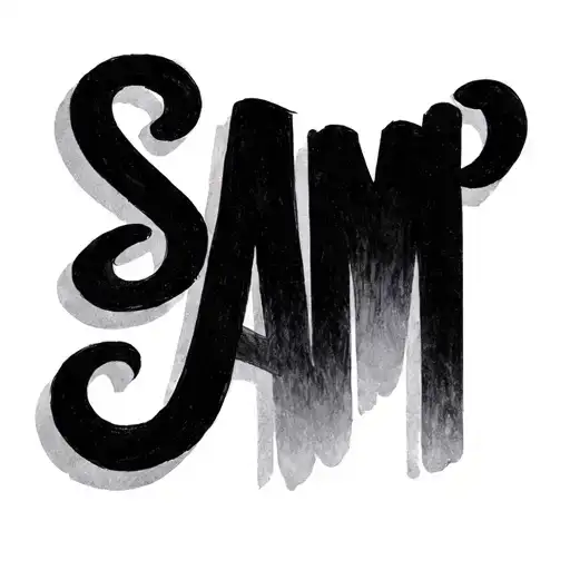 A minimalist tattoo design with two parts:  1. Horizontal line with connected handwritten letters "Sam", ending with a tattoo design idea