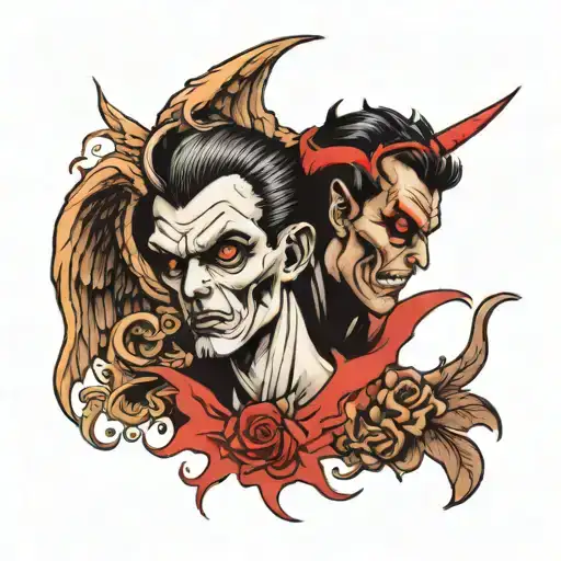 angel and devil looking at each other tattoo design idea