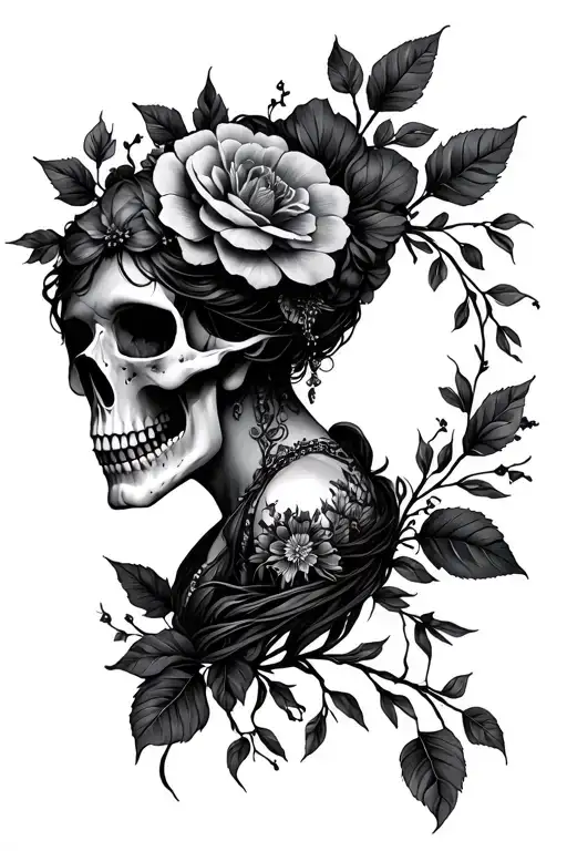 Persephone with skull floral tattoo design idea
