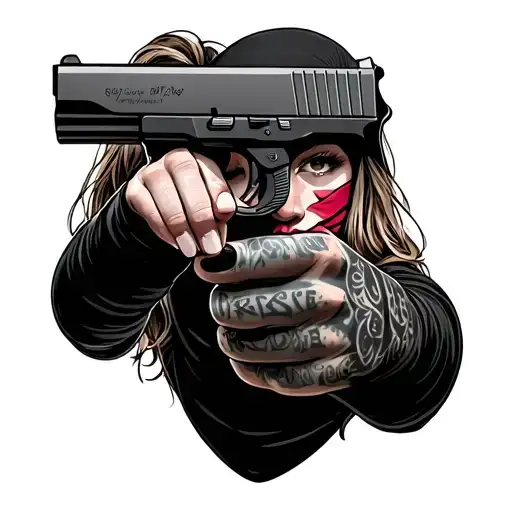 girl pointing a glock at her head wearing a balaclava with lipstick tattoo design idea
